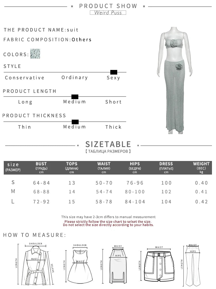 Weird Puss Crochet Applique 2 Piece Set Women Chest Wrap Lace-Up Camisole+Skinny Solid Stretch Long Skirts Matching Elegant Suit