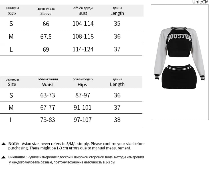 Weird Puss Letter Embroidered 2 Piece Set Women Tracksuit Patchwork Full Sleeve Crop Tops+Peach Hip Skirts Stretch Matching Suit