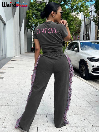 Girls Of Fashion Casual Sporty 2 Piece Set Women Letter Embroidery Crop Tops+Side Tassel Straight Pants Matching Streetwear Tracksuits  //