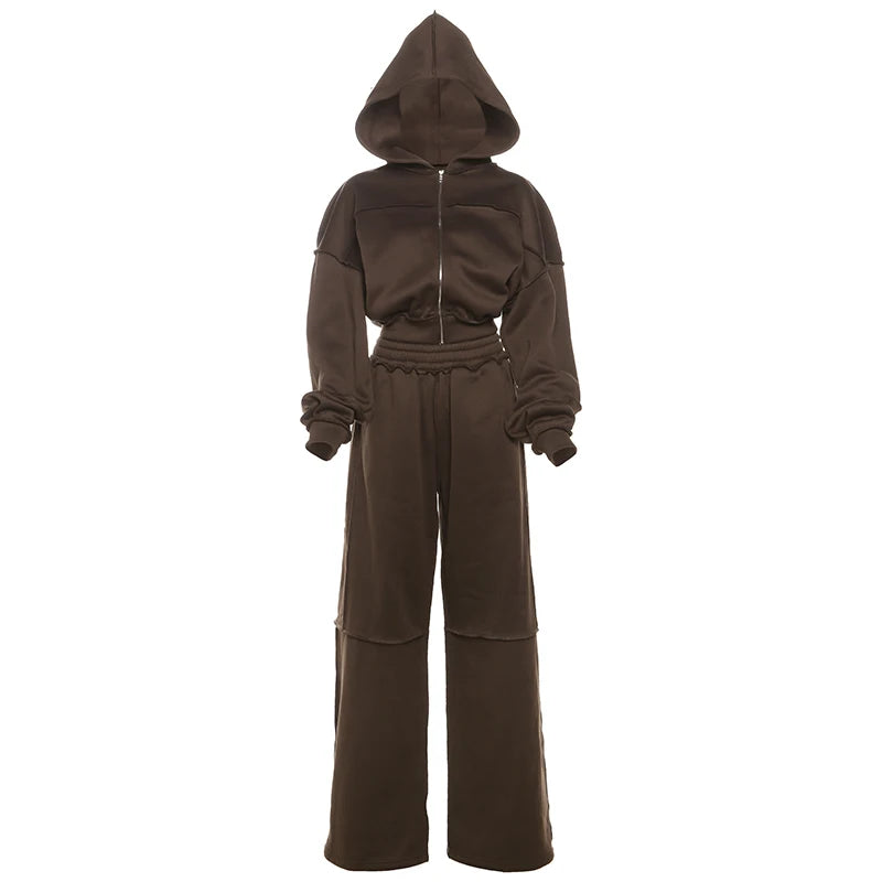 Weird Puss Casual Tracksuit Women 2 Piece Set Panelled Stripes Sporty Simple Hipster Hooded Zip Jacket+Wide Pants Matching Suits