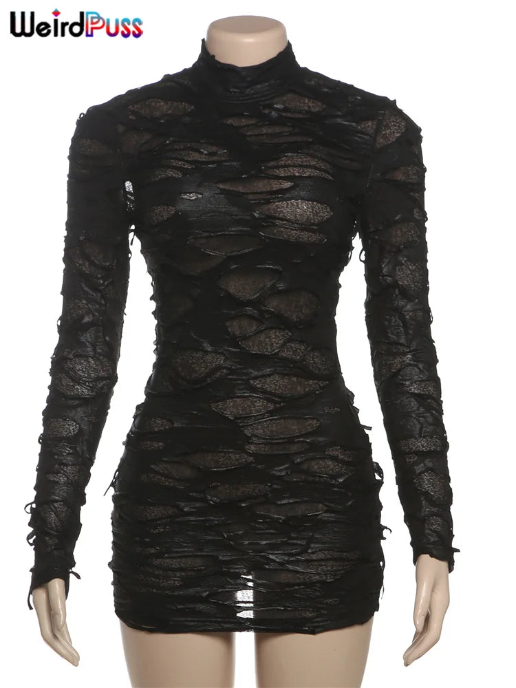 Weird Puss Destruction Style Dress Women Autumn Trend Turtleneck Backless See Through Full Sleeve Skinny Stretch Mini Bodycon D4