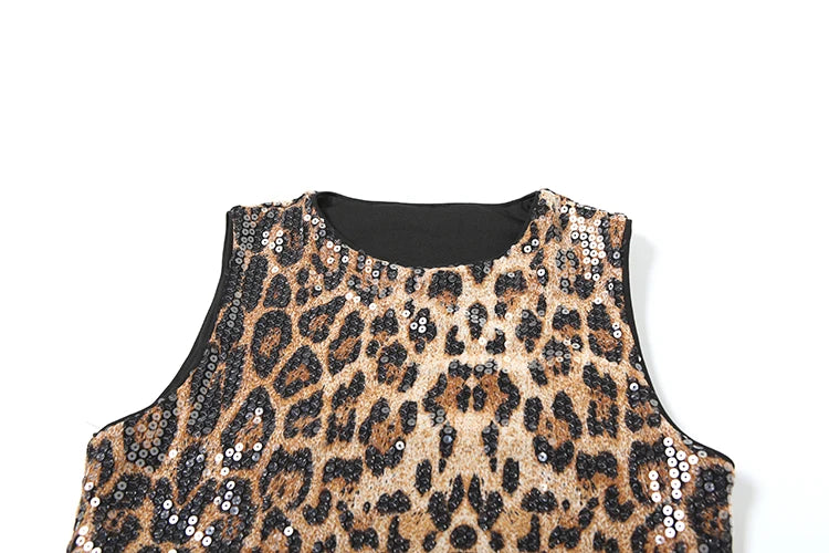 Weird Puss Sequins Leopard Print 2 Piece Set Women Tracksuit Summer Trend Tank Tops+Shorts Matching Skinny Streetwear Outfits D4