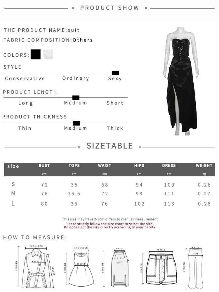 Girls Of Fashion Prom Elegant 2 Piece Set Women Sequins Patchwork Backless Tube Tops+Ruched Slits Long Skirts Matching Sexy Trend Suit D4