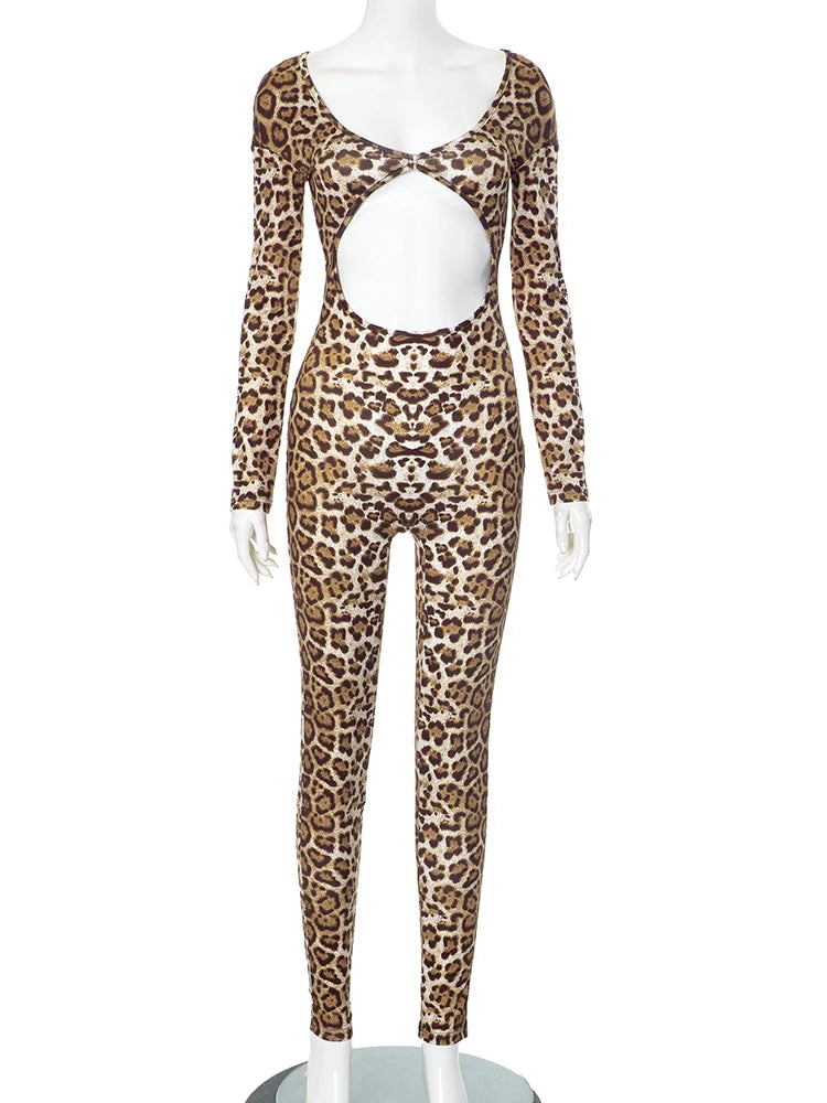 Weird Puss Leopard Print Jumpsuit Women Wild Hollow Low-Neck Sexy Skinny Full Sleeve Peach Hip Midnight Party Overalls Clubwear D4