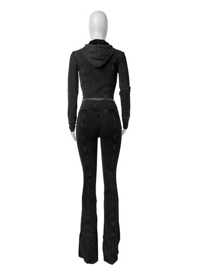 Weird Puss Distressed Women Two Piece Set Tracksuit Zip Hooded Jacket+Waistband Flare Pants Streetwear Matching Stripe Outfits %