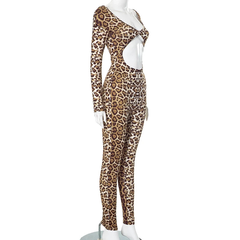 Weird Puss Leopard Print Jumpsuit Women Wild Hollow Low-Neck Sexy Skinny Full Sleeve Peach Hip Midnight Party Overalls Clubwear D4