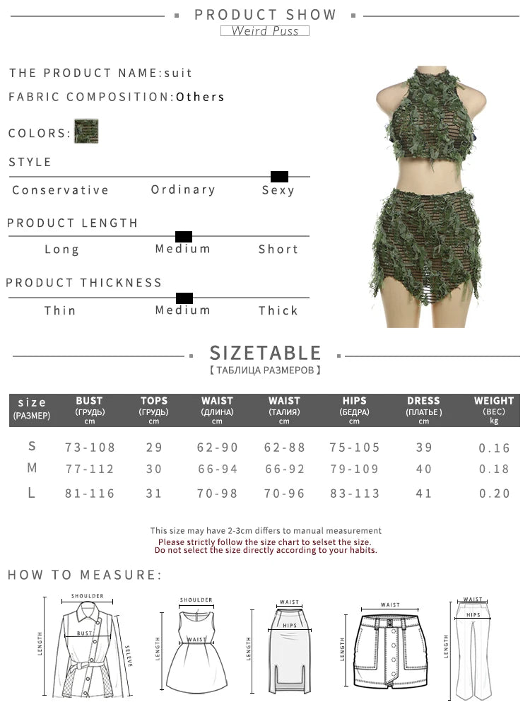 Weird Puss Sexy Knit Summer 2 Piece Set Women Crochet Hollow Tassel Irregular Tank Tops+Mini Skirts Matching Clubwear Outfits