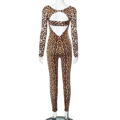 Weird Puss Leopard Print Jumpsuit Women Wild Hollow Low-Neck Sexy Skinny Full Sleeve Peach Hip Midnight Party Overalls Clubwear D4