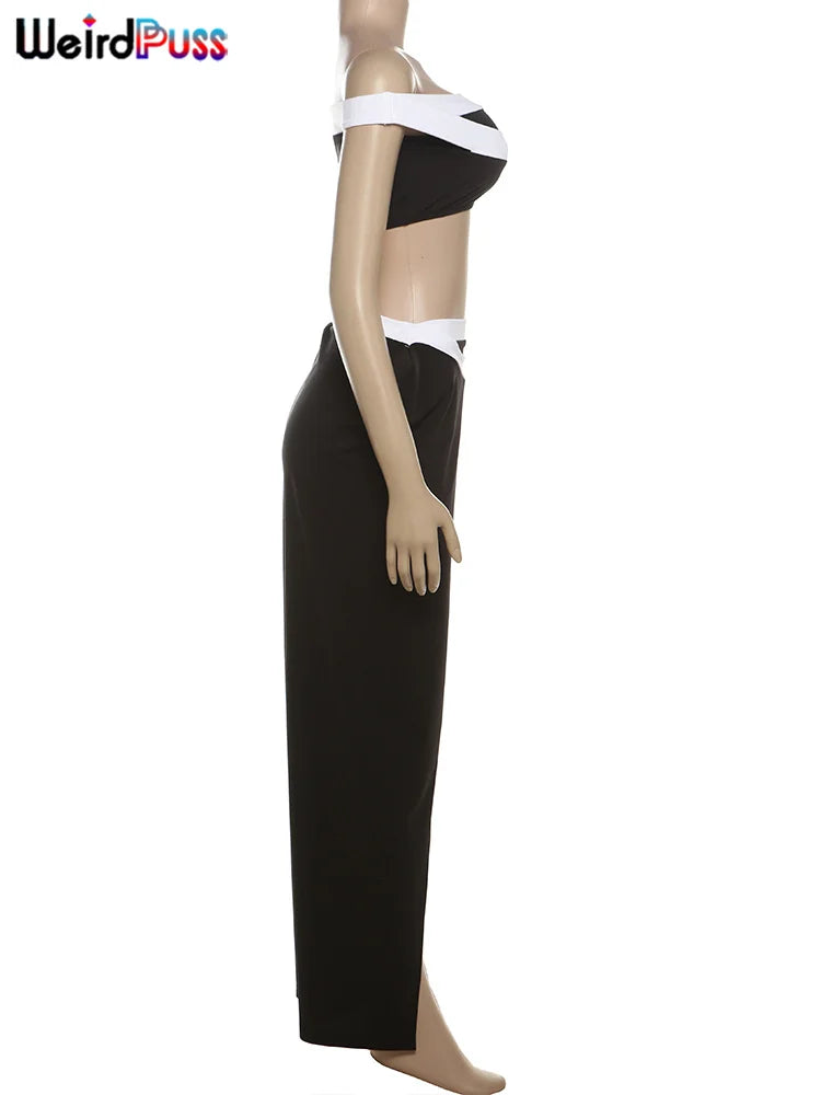 Weird Puss White Edging Sexy 2 Piece Set Y2K Summer Trend Slash Neck Crop Tops+Horn Split Long Skirts Matching Midnight Clubwear