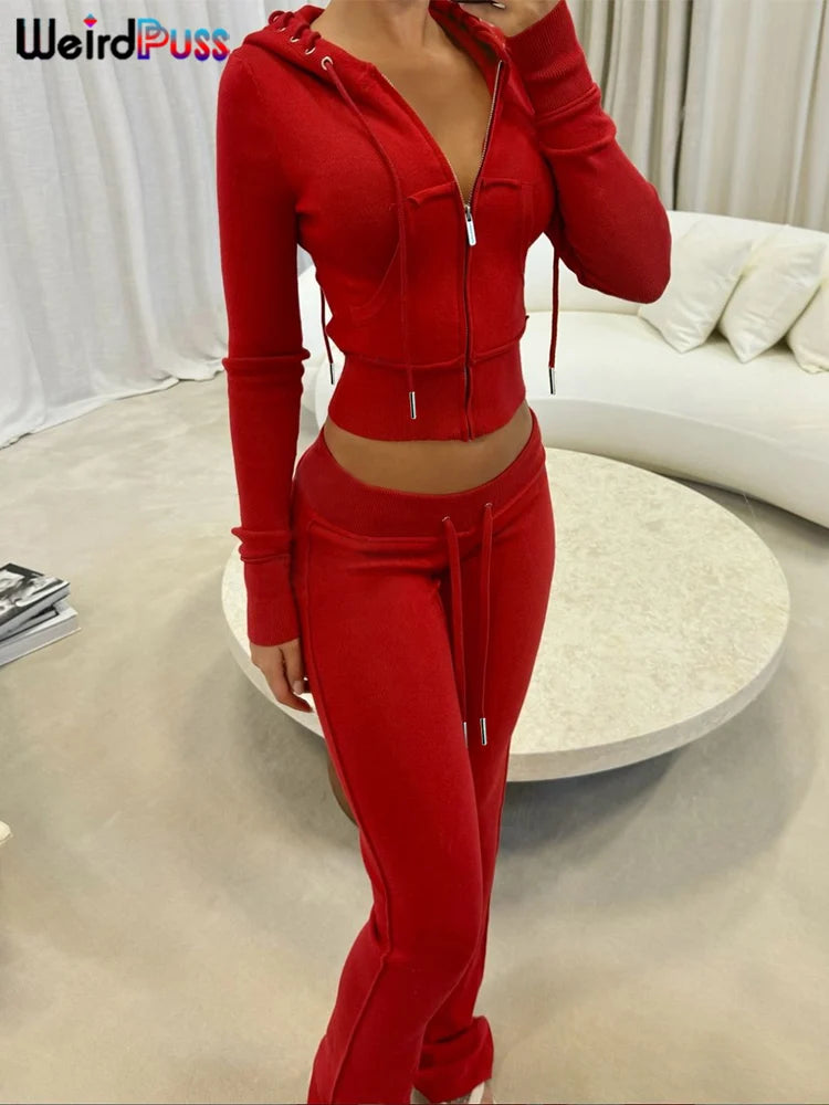 Weird Puss Patchwork 2Piece Set Tracksuit Women Zip Wide Waist Crop Hooded Pocket Jacket+Sporty Pants Matching Casual Basic Suit