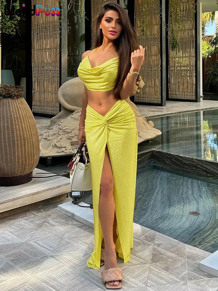 Girls Of Fashion Elegant Solid Women 2 Piece Set Summer Trend Swing Collar Camisole+Knot Split Skirts Matching Skinny Clubwear Outfits