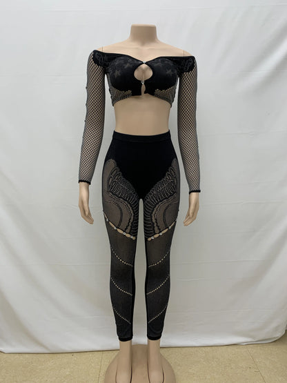 Weird Puss Sexy Thick Women 2Piece Set Chic Hollow Rhinestones Slash Neck Crop Tops+Patchwork Leggings Stretch Matching Clubwear