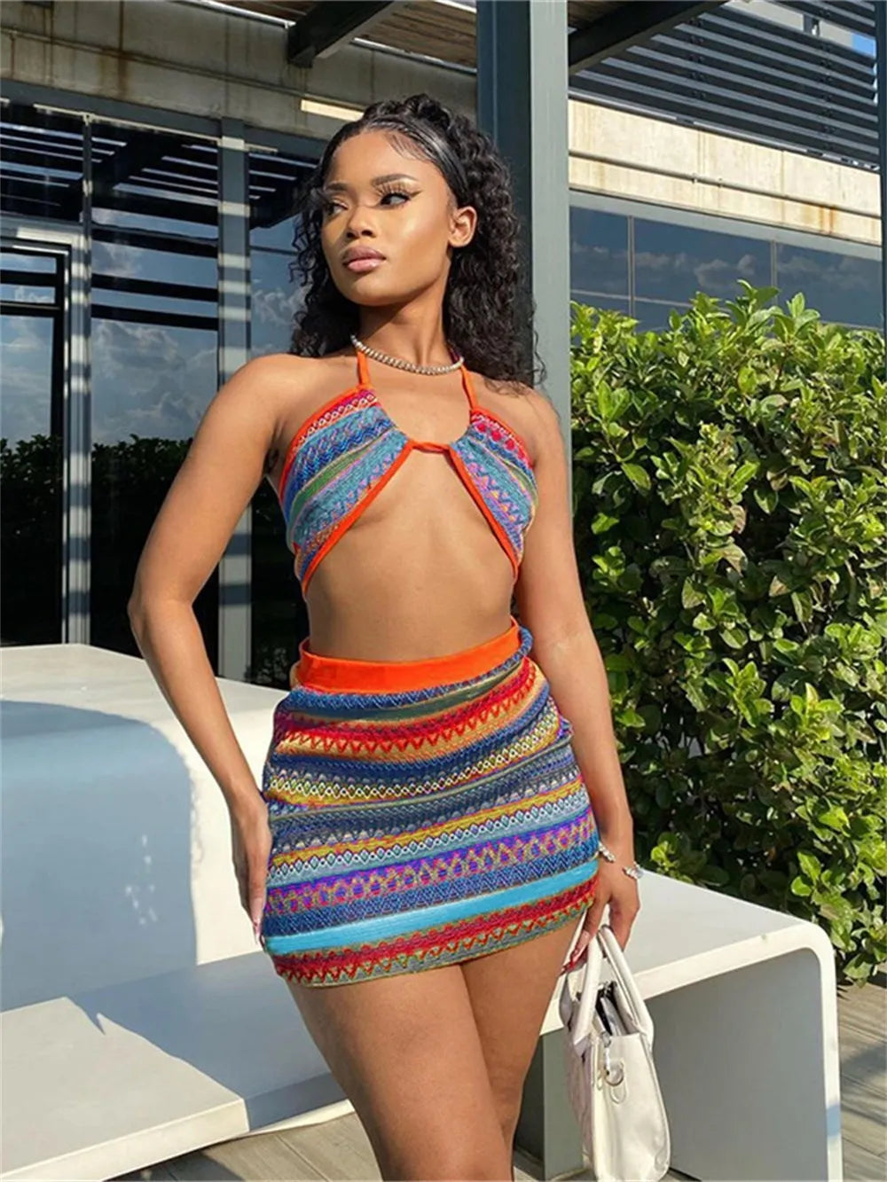 Girls Of Fashion 2 Piece Set Women Colorful Wavy Striped Halter Bandage Tank Tops+Mini Skirt Matching Streetwear Vacation Slim Outfits