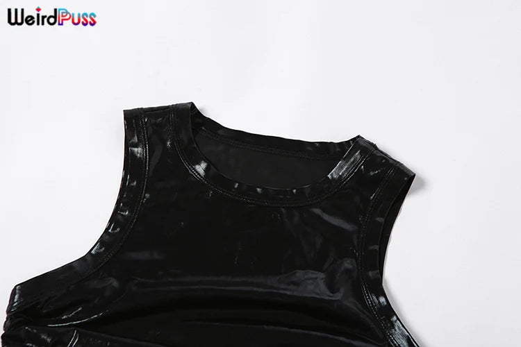 Weird Puss See Through Shiny 2 Piece Set Women Waistless Simple Tank Tops+Shirring Hip Skirt Matching Streetwear Trend Outfits