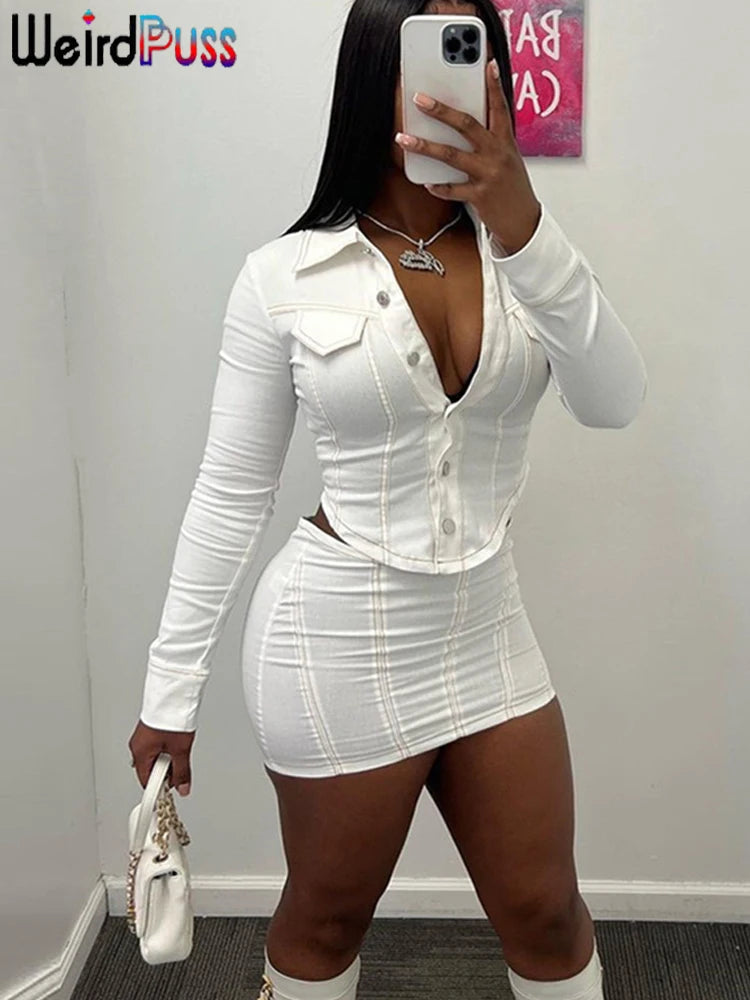 Weird Puss Striped Casual 2 Piece Set Women Cardigan Single-Breasted Full Sleeve Jacket+Skinny Wild Mini Skirt Trend Street Suit