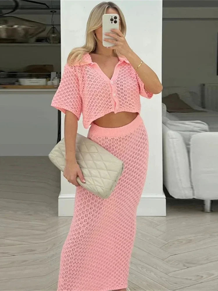 Girls Of Fashion Crochet Elegant 2 Piece Set Women Cardigan Single Breasted Short Sleeved Jacket+Simple Stretch Solid Long skirts Suit