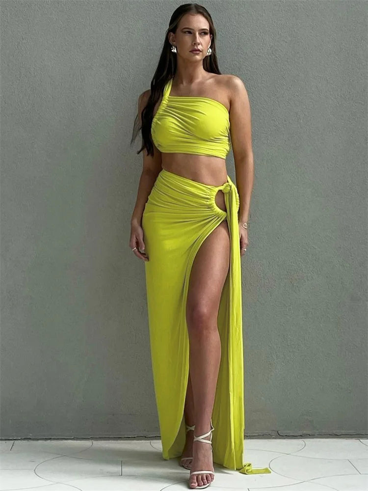 Girls Of Fashion Irregular Women 2 Piece Set One Shoulder Backless Sleeveless Crop Tops+Solid Pleat Skinny Slits Long Skirts Sexy Suit