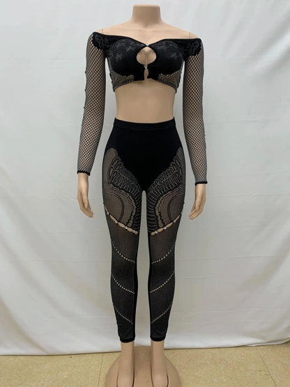 Weird Puss Sexy Thick Women 2Piece Set Chic Hollow Rhinestones Slash Neck Crop Tops+Patchwork Leggings Stretch Matching Clubwear