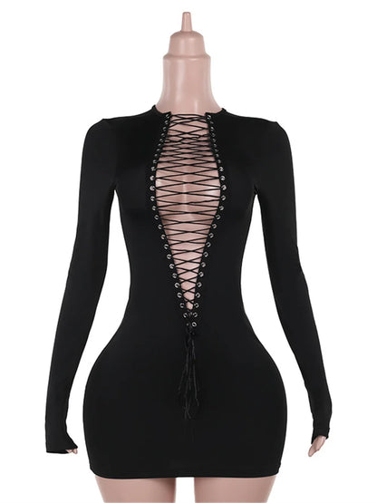 Girls Of Fashion Hollow Shirring Sexy Dress Women Hipster Full Sleeve Coquette Midnight Party Clubwear Stretch Skinny Mini Bodycon //