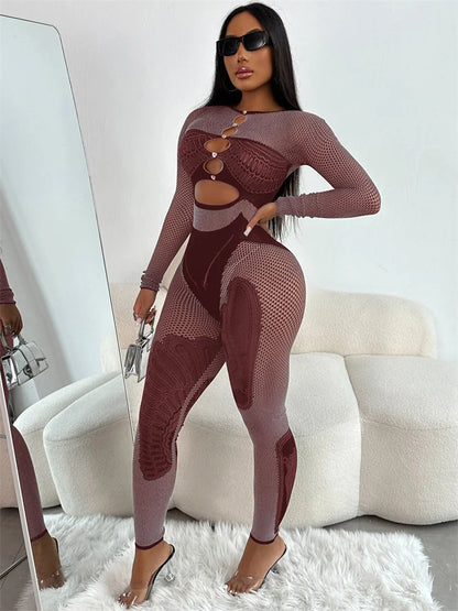 Weird Puss Irregular Print jumpsuit Women Trend Hollow Contrast Patchwork Rhinestones Long Sleeve Sexy Hottie Stretch Streetwear