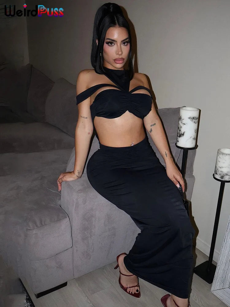 Girls Of Fashion Sexy Hollow 2 Piece Set Women Tracksuit Off Shoulder Strapless Top+Ruched Long Skirts Matchig Midnight Party Clubwear  //