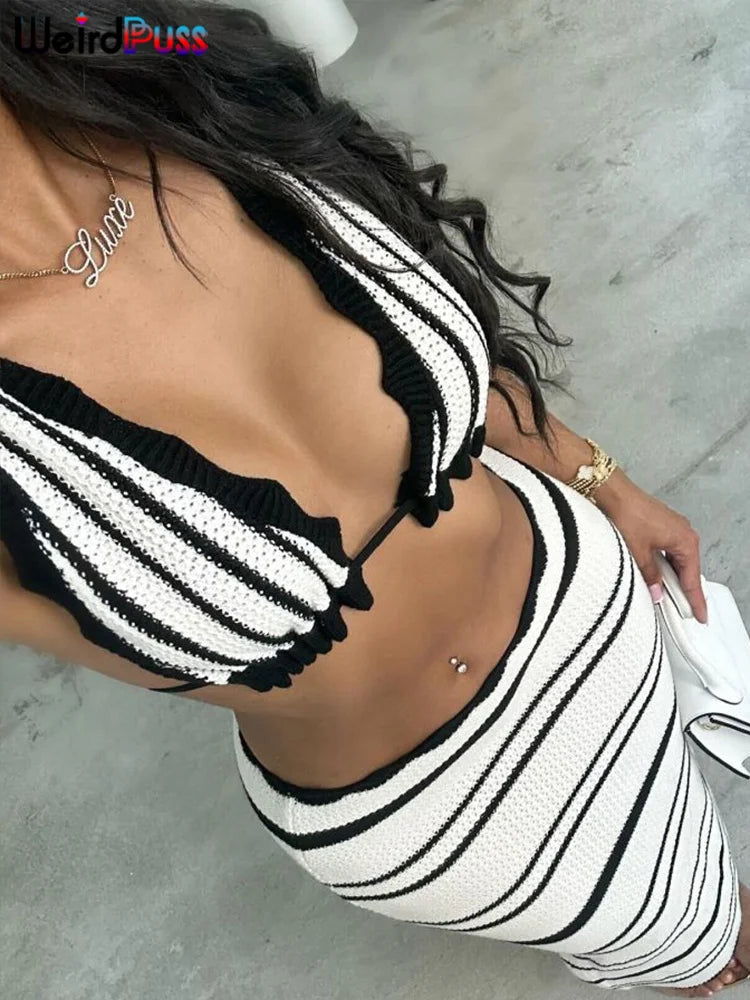 Weird Puss Crochet Stripe Women 2 Piece Set Y2K Vacation Beach Style Lace Camisole+Long Skirts Elegant Matching Clubwear Outfits