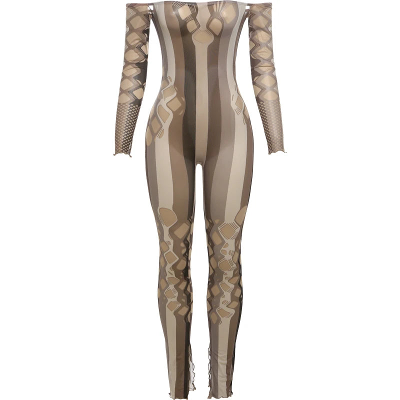 Weird Puss Sexy See Through Jumpsuit Women Fall Coquette Hollow Slash Neck Full Sleeve Stretch Midnight Club Workout Overalls