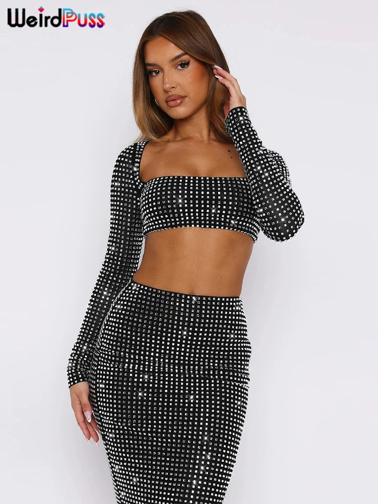 Weird Puss Plaid Sequins 2 Piece Set Women Backless Lace-Up 5quare Collar Crop Tops+Elastic Waist Skirt Trend Elegant Shine Suit