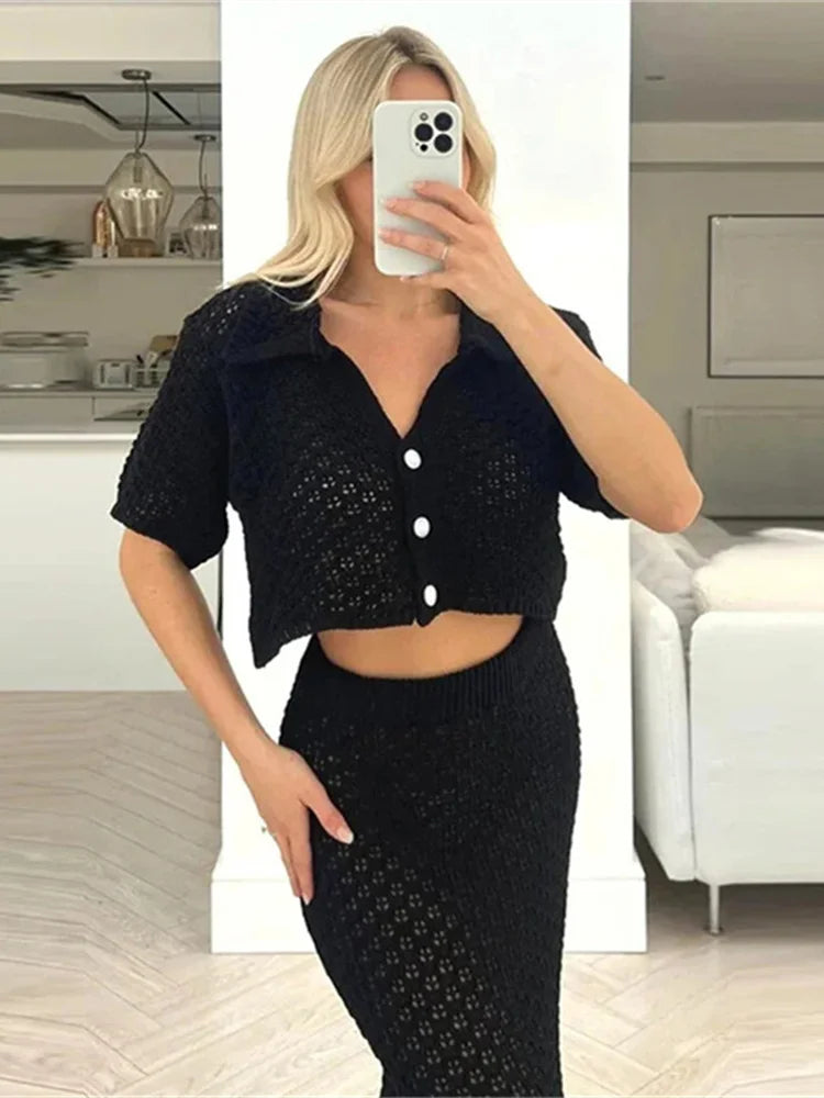 Girls Of Fashion Crochet Elegant 2 Piece Set Women Cardigan Single Breasted Short Sleeved Jacket+Simple Stretch Solid Long skirts Suit