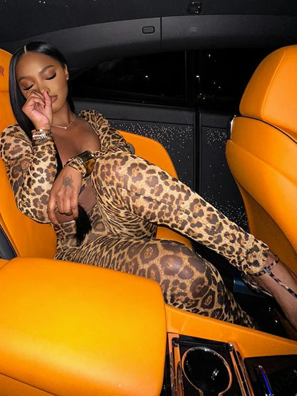 Weird Puss Leopard Print Jumpsuit Women Wild Hollow Low-Neck Sexy Skinny Full Sleeve Peach Hip Midnight Party Overalls Clubwear D4