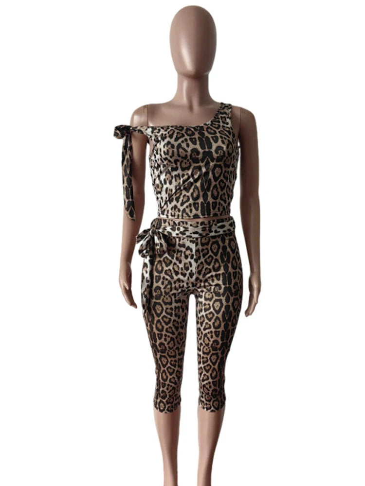 Weird Puss Summer 2 Piece Set Women Leopard Print Inclined Shoulder Tank Tops+Shorts Stretch Tight Matching Streetwear Outfits D4