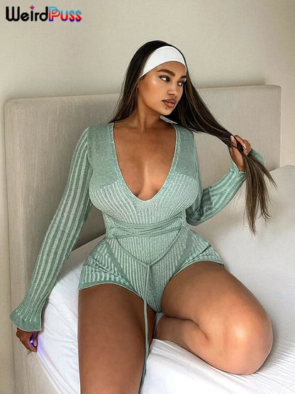 Weird Puss Crochet Bandage Playsuits Women Low-Neck Contrast Striped Patchwork Long Sleeve Autumn Trend Vacation Skinny Romper