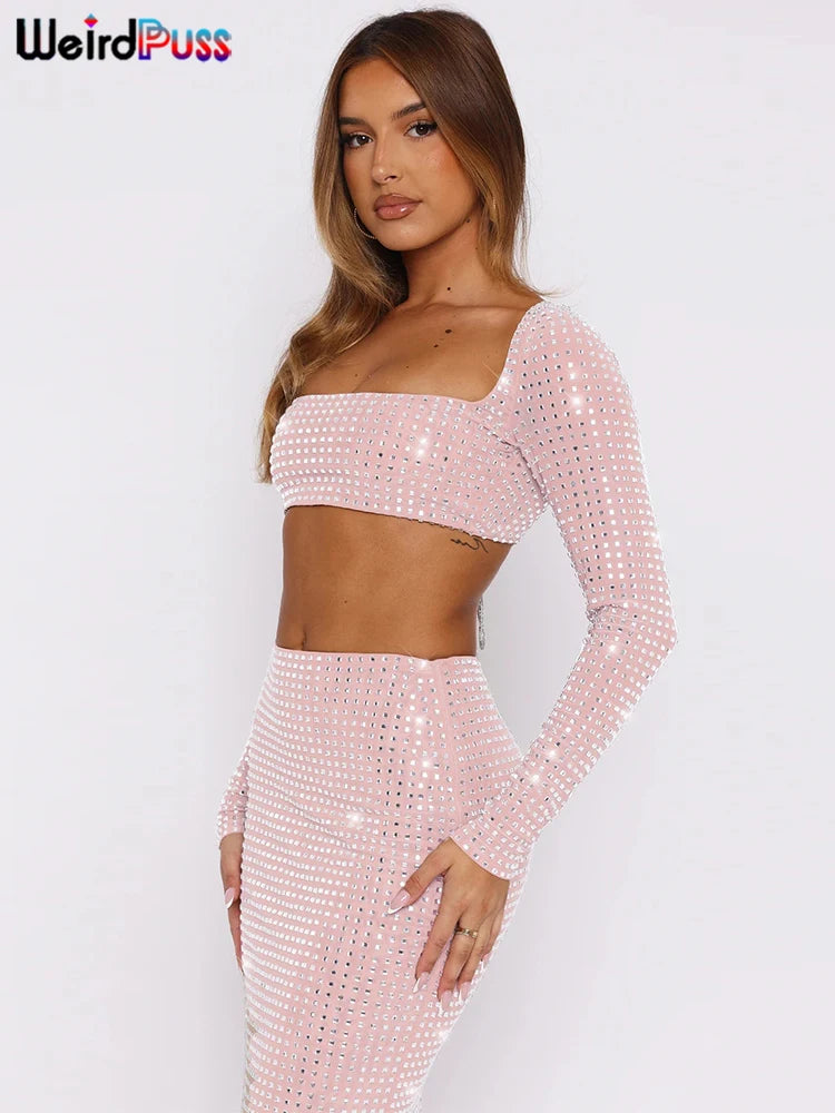 Weird Puss Plaid Sequins 2 Piece Set Women Backless Lace-Up 5quare Collar Crop Tops+Elastic Waist Skirt Trend Elegant Shine Suit