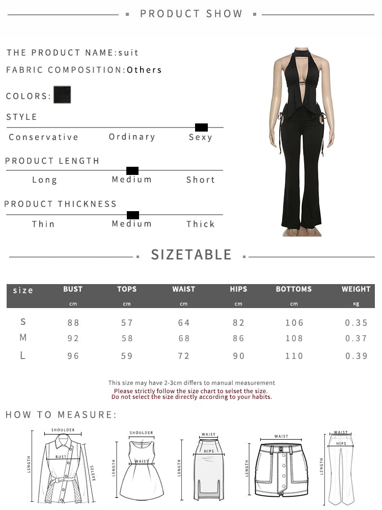 Weird Puss Sexy Women 2Piece Set Y2K Bandage Ruched Halter Backless Camisole+Side Hollow Flare Pants Midnight Club Matching Suit D4