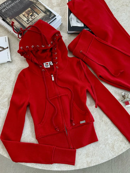 Weird Puss Shirring Contrast 2 Piece Set Women Hooded Zipper Long Sleeve Crop Jacket+Sporty Stretch Pants Matching Workout Suit