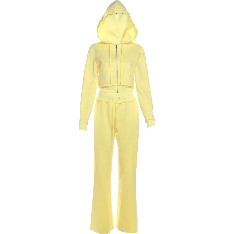 Weird Puss Patchwork 2Piece Set Tracksuit Women Zip Wide Waist Crop Hooded Pocket Jacket+Sporty Pants Matching Casual Basic Suit