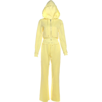 Weird Puss Patchwork 2Piece Set Tracksuit Women Zip Wide Waist Crop Hooded Pocket Jacket+Sporty Pants Matching Casual Basic Suit