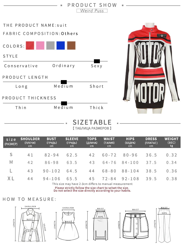 Weird Puss Letter Print Women 2 Piece Set Cool Girls Leather Patchwork Zip Jacket+Skirts Locomotive Patchwork Streetwear Suits