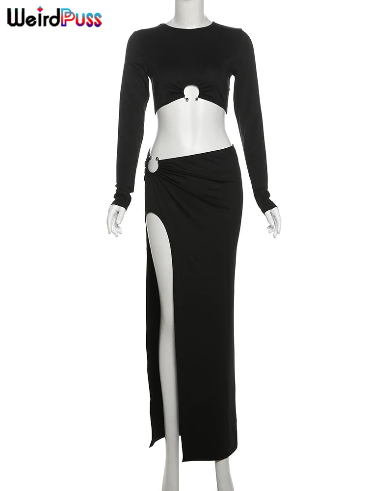 Weird Puss Sexy Metal Buckle 2 Piece Set Women Full Sleeve Solid Crop Tops+Pleats Slits Long Skirts Stretch Matching Club Suit