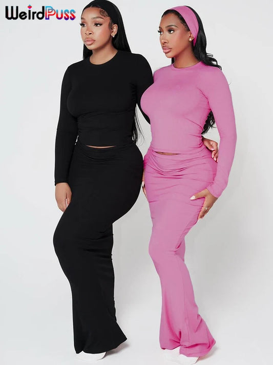 Girls Of Fashion Casual Basic Women 2 Piece Set Ribbed Elastic Autumn Classic Crop Tops+Maxi Skirts Matching Streetwear Skinny Outfits  //