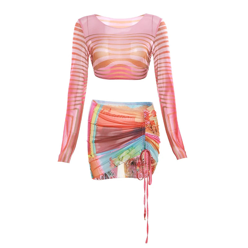 Girls Of Fashion See Through Women Sexy 2 Piece Set Midnight Striped Long Sleeve Crop Tops+Shirring Peach Hip Skirts Matching Clubwear