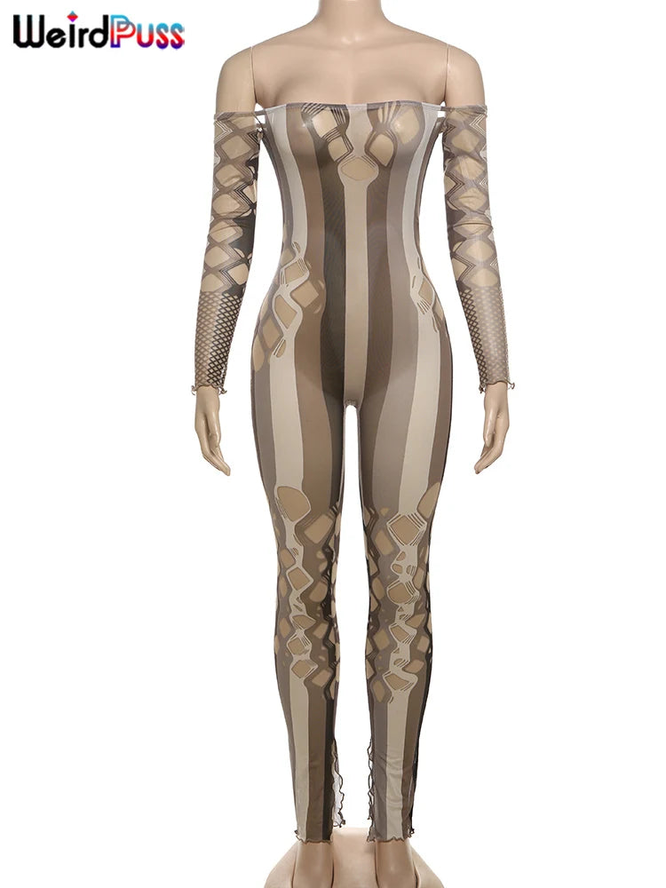 Weird Puss Sexy See Through Jumpsuit Women Fall Coquette Hollow Slash Neck Full Sleeve Stretch Midnight Club Workout Overalls