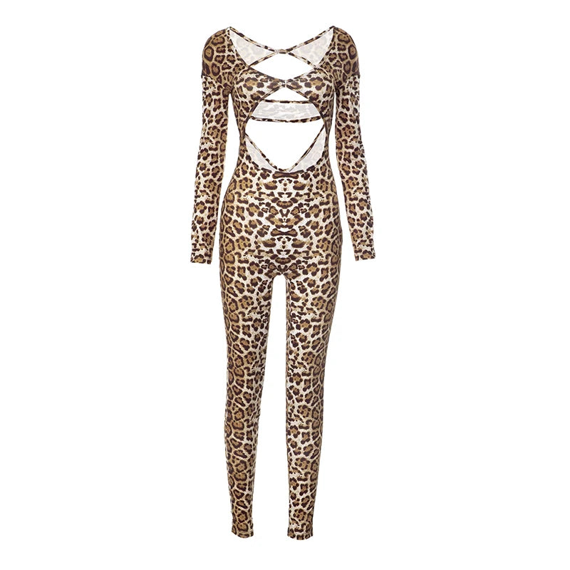 Weird Puss Leopard Print Jumpsuit Women Wild Hollow Low-Neck Sexy Skinny Full Sleeve Peach Hip Midnight Party Overalls Clubwear D4