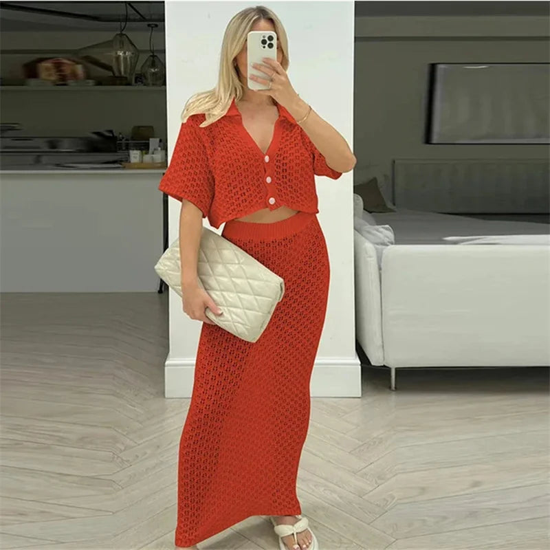 Girls Of Fashion Crochet Elegant 2 Piece Set Women Cardigan Single Breasted Short Sleeved Jacket+Simple Stretch Solid Long skirts Suit