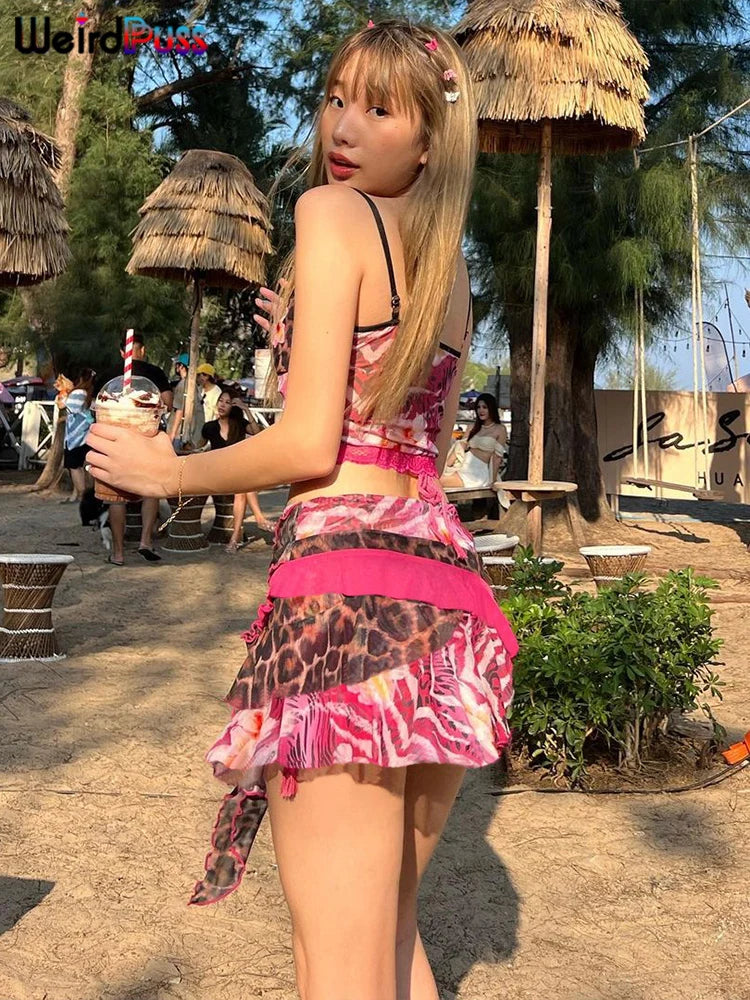 Girls Of Fashion Flower Leopard Print 2 Piece Sets Lace Trim Camis Tops+Tassel Tierred Mini Skirts Party Beach Vacation Matching Suits