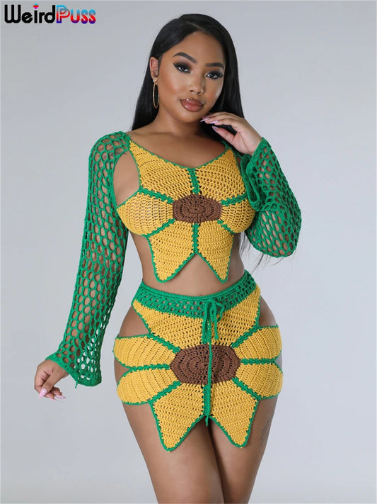 Girls Of Fashion 2 Piece Sets Women Outfit Crochet Sunflower Backless Hollow Tops+Skinny Skirt Beach Party Summer Trend Matching Suits