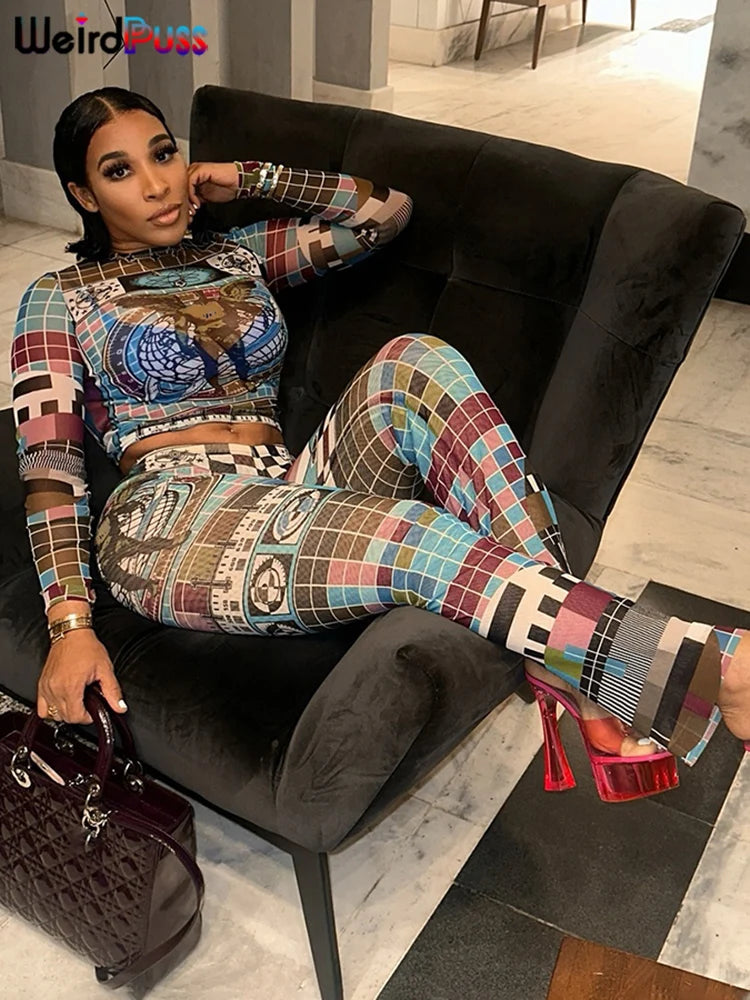 Girls Of Fashion Pixel Print Women 2 Piece Set Mesh Tracksuit Colorful Full Sleeve Crop Tops+Leggings Stretch Matching Street Outfits //