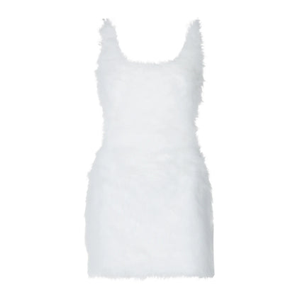 Weird Puss Solid Furry Dress Women Sexy Square Collar Sleeveless Zipper Backless Autumn Trend Elegant Street Party Mini Bodycon