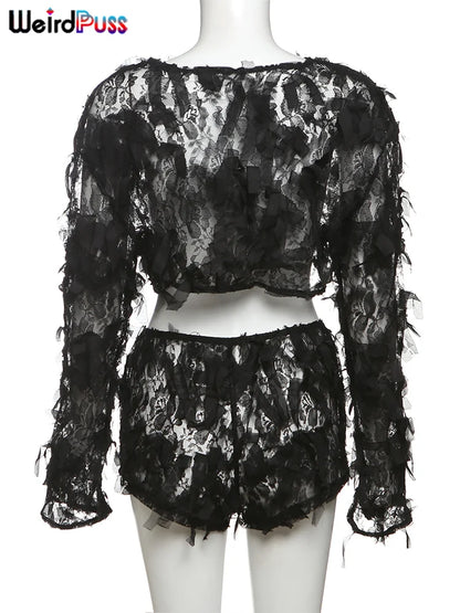 Weird Puss Crumb Tassels Women 2 Piece Set Y2K Sexy Hollow Full Sleeve Crop Tops+Shorts Matching Clubwear Skinny Midnight Outfit %