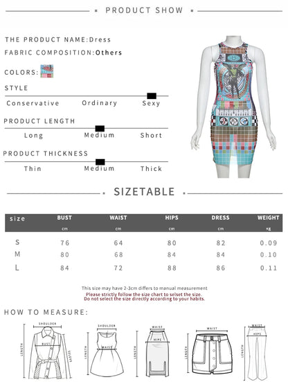 Weird Puss Aesthetic Print Dress Women See Through Sleeveless Skinny Colorful Hipster Skinny o-Neck Summer Trend Club Bodycon D4